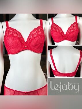 Lejaby Red Lace & Mesh Semi-Sheer Underwire Full Coverage Bra, Sz 32E
